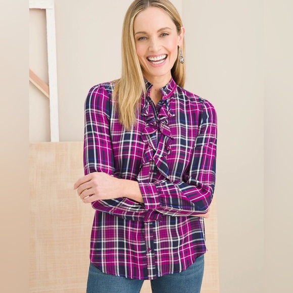 Chico’s Plaid Ruffle Women's Top - Pink and Blue U.S. size 12/14 Chico’s size 2 - Picture 1 of 7